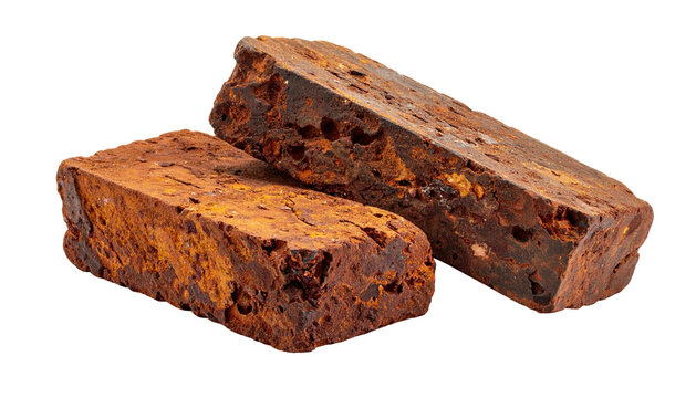 Two rectangular blocks of rough, rust-colored stone, isolated