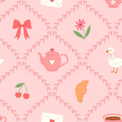 Seamless coquette pattern with tea time