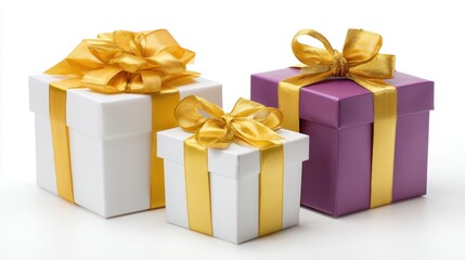 Obraz premium Three gift boxes are displayed together on a plain white background. The boxes vary in size and color each adorned with yellow ribbons perfect for a celebration.