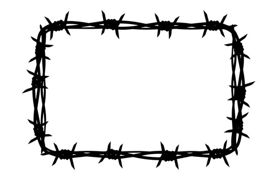 A jagged rectangular border is formed by silhouettes of twisted black barbed wire, where sharp spikes punctuate the looped strands against a stark white background to frame the central empty space