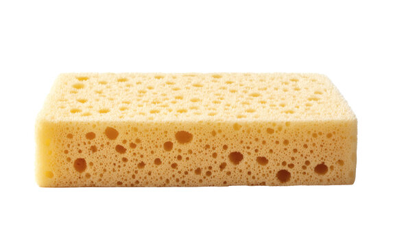 A yellow kitchen sponge with many small and large holes for cleaning