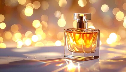 A perfume bottle gleams against a backdrop of soft, blurred golden lights. The glass bottle reflects the ambient glow