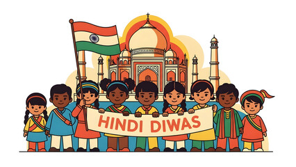 Child Celebrating Hindi Diwas Holding Indian Flag Before Taj Mahal Symbolizing Language Pride Cultural Heritage and National Identity in a Bright Educational