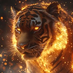 Glowing tiger emerging from bright flames high resolution picture
