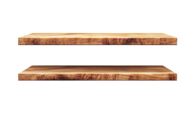 Two empty wooden shelves for product presentation