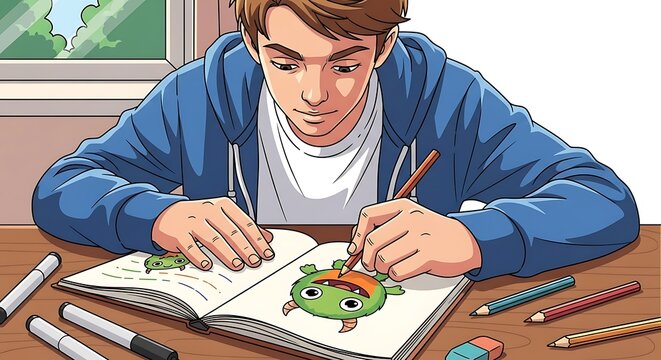 Teenager drawing cartoon in notebook. - Powered by Adobe