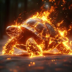 Glowing turtle in surreal fiery scene high resolution picture