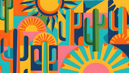 Colorful geometric pattern with sun and cactus motif, abstract decorative desert-inspired composition, bold shape harmony, modern ornamental
