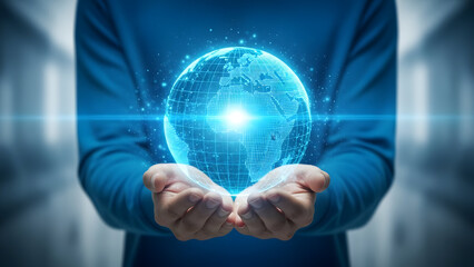 Person holding glowing blue digital globe with both hands