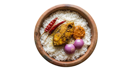 Rice with Fish Curry and Red Chili Isolated on Transparent Background