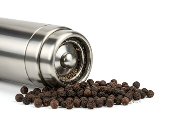 Close-up view of a stainless steel pepper grinder spilling whole black peppercorns on a white surface with scattered ground pepper