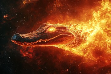 Golden cosmic crocodile glowing in surreal flames high resolution picture