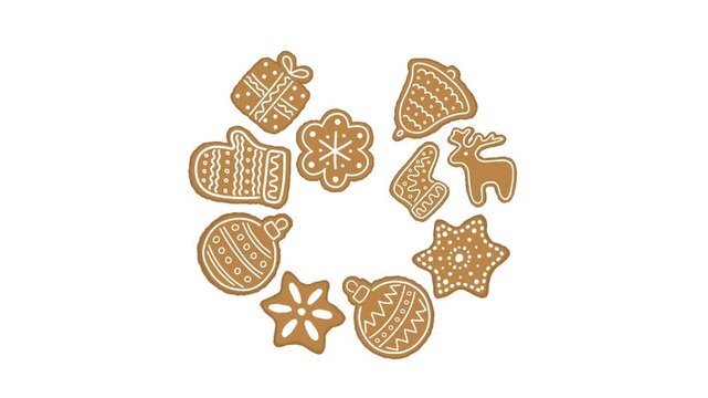Christmas Cookies Animation. Gingerbread Cookies in Shape of Circle. Winter Holiday Sweets. Deer, Star, Flower, Gift, Glove, Sock, Ball, Bell. Christmas Moved Banner. Video from Vector Illustration