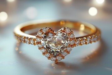 Golden Engagement Ring With Heart Diamond high resolution picture