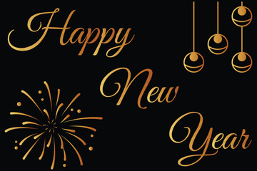 Happy new year handwritten calligraphy text design. Elegant gold script typography of happy new year greeting text. Happy New Year text element for use on greeting cards, social media posts.