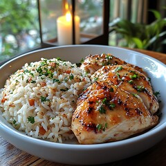 Golden grilled chicken rice bowl presentation high resolution picture