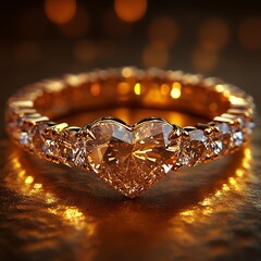 Golden Heart Diamond Ring With Sparkling Halo high resolution picture