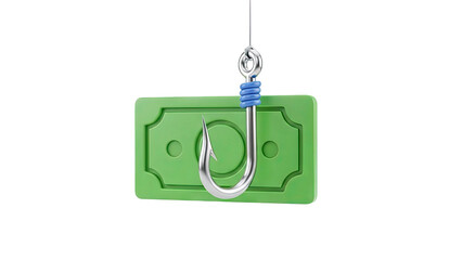 3D Fishing hook piercing a green dollar bill on transparent background