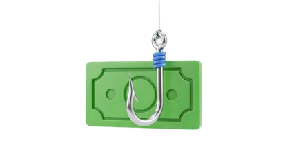 3D Fishing hook piercing a green dollar bill on transparent background