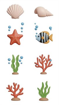 Cute 3D Ocean Life Icons with Shells Starfish Fish Coral Seaweed