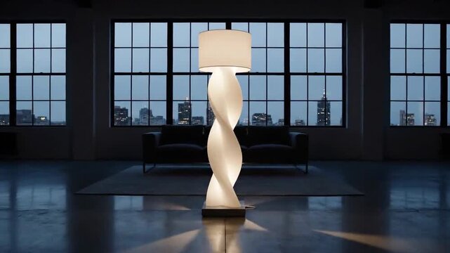 Elegant Twisted Floor Lamp Illuminating Modern Interior With City View at Dusk