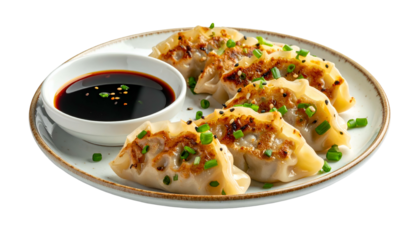 A close-up of a plate of pan-fried dumplings and dipping sauce