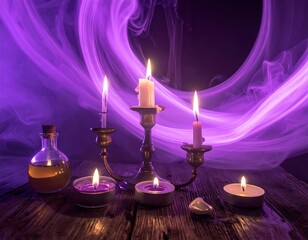 Lit candles with potion against hazy purple background
