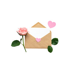 A romantic pink rose rests beside a blank greeting card and paper note, creating a beautiful symbol of love and romance for a Valentine gift or wedding celebration message
