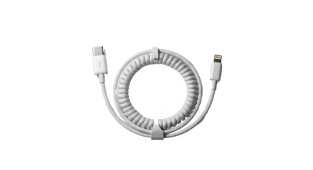 White Coiled USB-C to Lightning Charging Cable isolated on transparent background