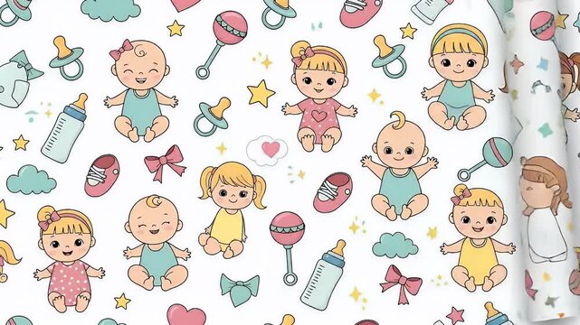 Cute Baby Girls and Boys Seamless Pattern Cartoon Style