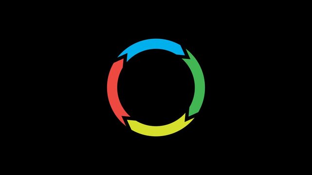 Four Arrows Rotating Circular Cycle Animation. Circular flow, spinning circle, recycling sync. Continuous Motion Graphic of Multicolored Loading Spinner and Lifecycle Process. Seamless 4K Video Loop.