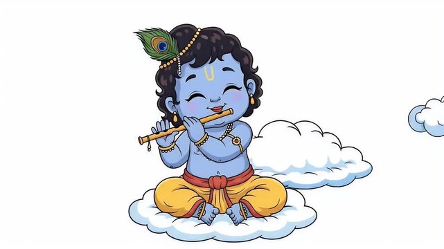 Cute Baby Krishna Playing Flute on Clouds Cartoon Illustration