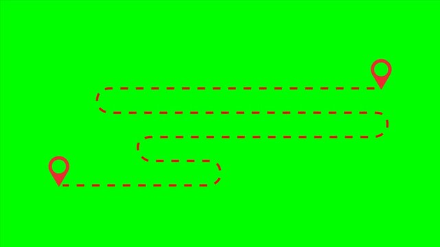 Animated Travel Path Route with Red Location Pins. Continuous Dotted Line Connecting Two Points on Green Screen. Seamless 4K Chroma Key Motion Graphic Loop.