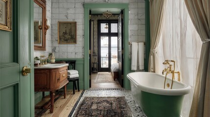 Sage Green Bathroom with Vintage Bathtub View