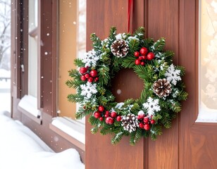 A wintery wreath of pine, berries, and snowflakes on a dark brown wooden door