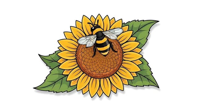 Cute Bee on Sunflower With Green Leaves and Yellow Petals