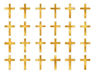 Assorted golden Christian crosses arranged on a white background