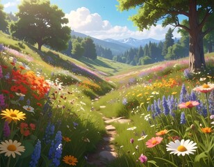 Lush landscape with wildflowers, a winding path, and mountains