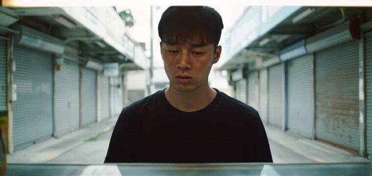 A young East Asian man with a serious and intense expression stands in a deserted urban alleyway lined with closed market stalls - Powered by Adobe