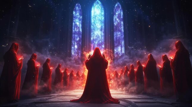 Mystical Ritual of Cloaked Figures in a Dark Fantasy Temple