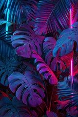 Tropical monstera leaves glowing in vibrant neon light, vertical