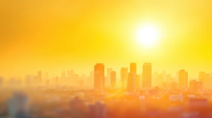 Fototapeta premium Sun rises above a city skyline casting bright orange light on buildings. The scene shows a bustling urban area waking up in the morning.