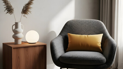 Cozy interior scene featuring a gray textured chair, a yellow pillow, a wooden side table with a vase, and a modern spherical lamp, creating a minimalist ambiance