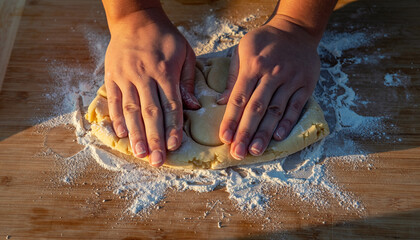 Hands pressing and working raw dough on a wooden cutting board