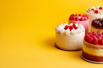 Variety of small cakes and cheesecakes with fruit toppings, copy space