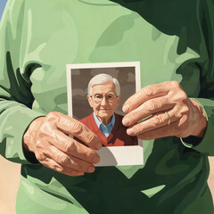 Elderly person holding old photograph of man in green sweater  