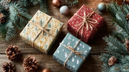 Three christmas gifts wrapped with rustic twine