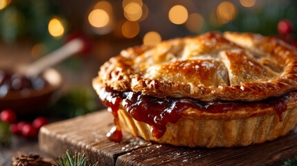 Christmas fruit pie with festive jam filling on wood