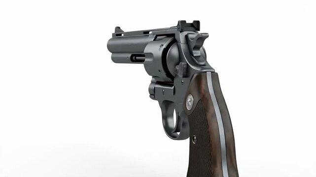 Classic Silver Revolver Pistol with Wooden Handle Isolated on White Background