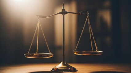 A balanced scale in a dimly lit room with spotlight